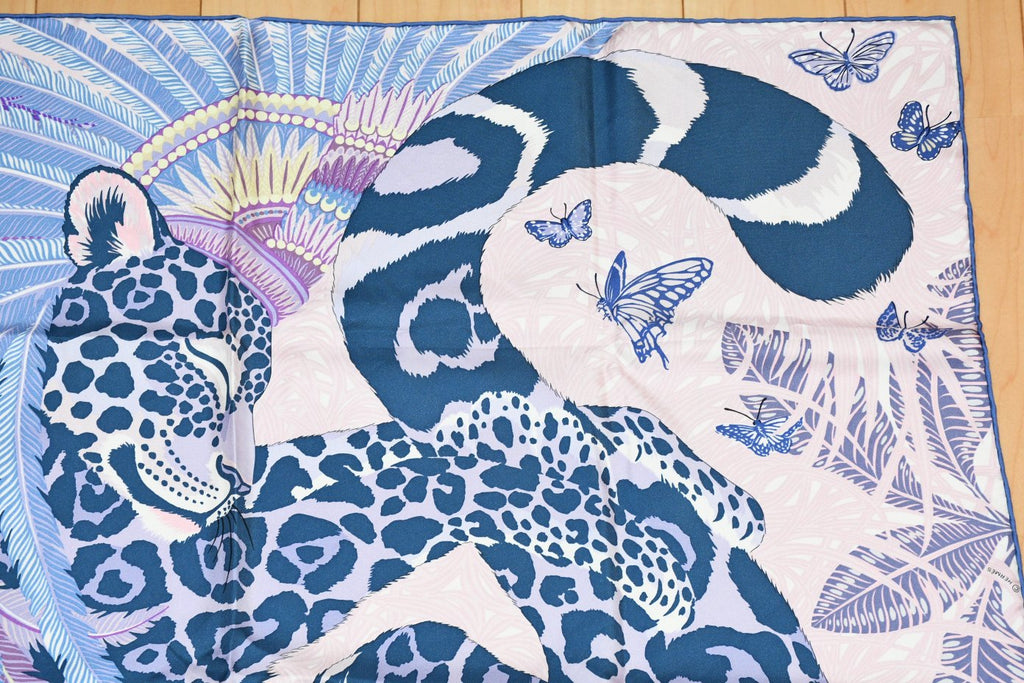 Hermes Scarf Jaguar Quetzal 90 cm Christine Henry silk purple animal Carre 064