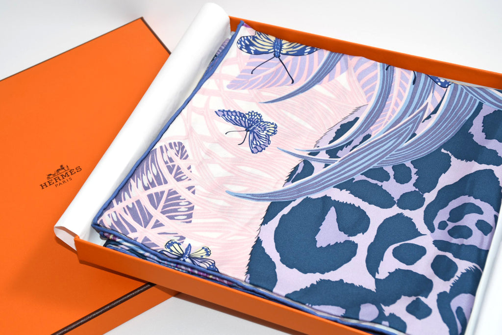 Hermes Scarf Jaguar Quetzal 90 cm Christine Henry silk purple animal Carre 35"