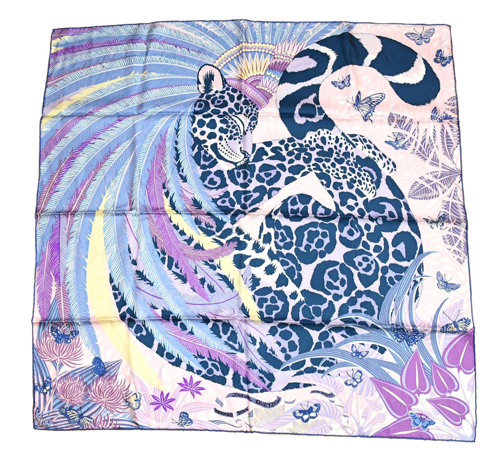 Hermes Scarf Jaguar Quetzal 90 cm Christine Henry silk purple animal Carre 35"