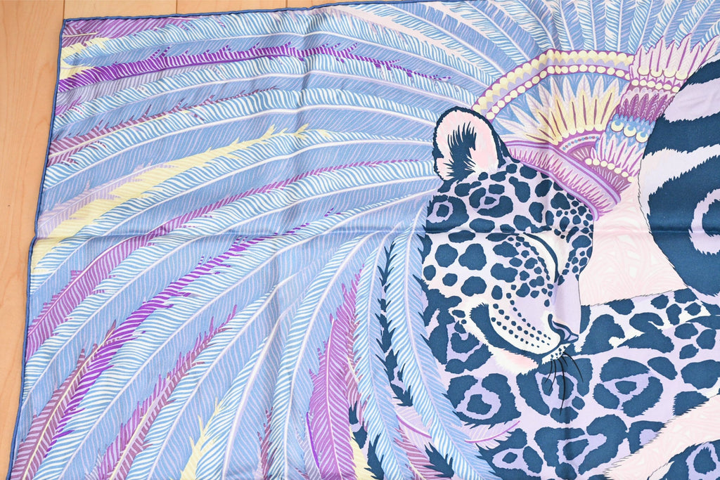 Hermes Scarf Jaguar Quetzal 90 cm Christine Henry silk purple animal Carre 35"