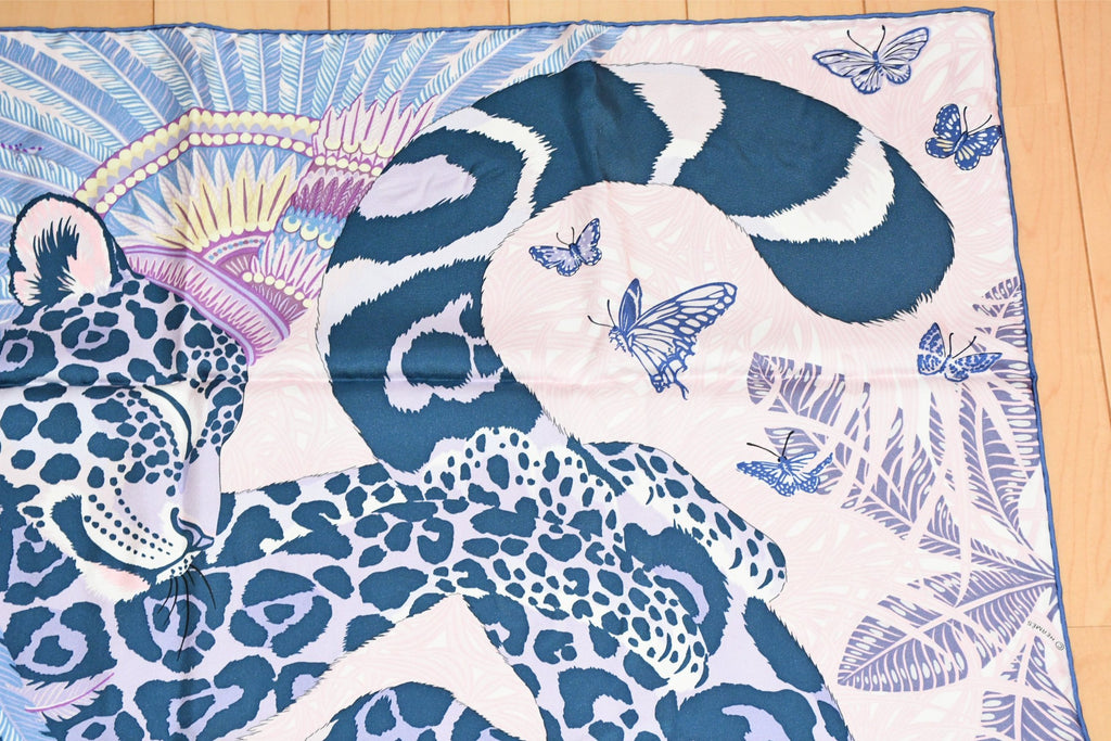 Hermes Scarf Jaguar Quetzal 90 cm Christine Henry silk purple animal Carre 35"