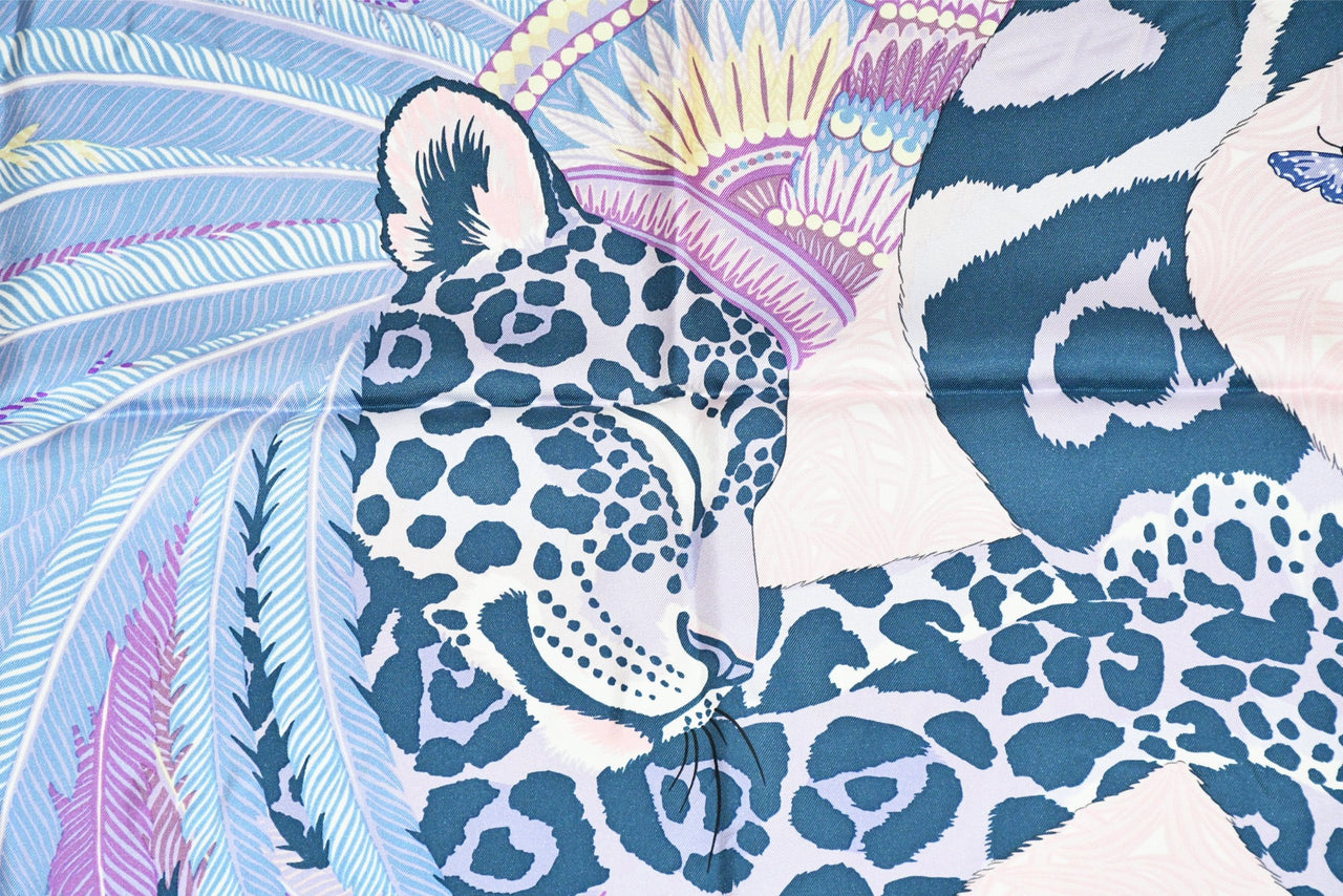 Hermes Scarf Jaguar Quetzal 90 cm Christine Henry silk purple animal Carre 35"