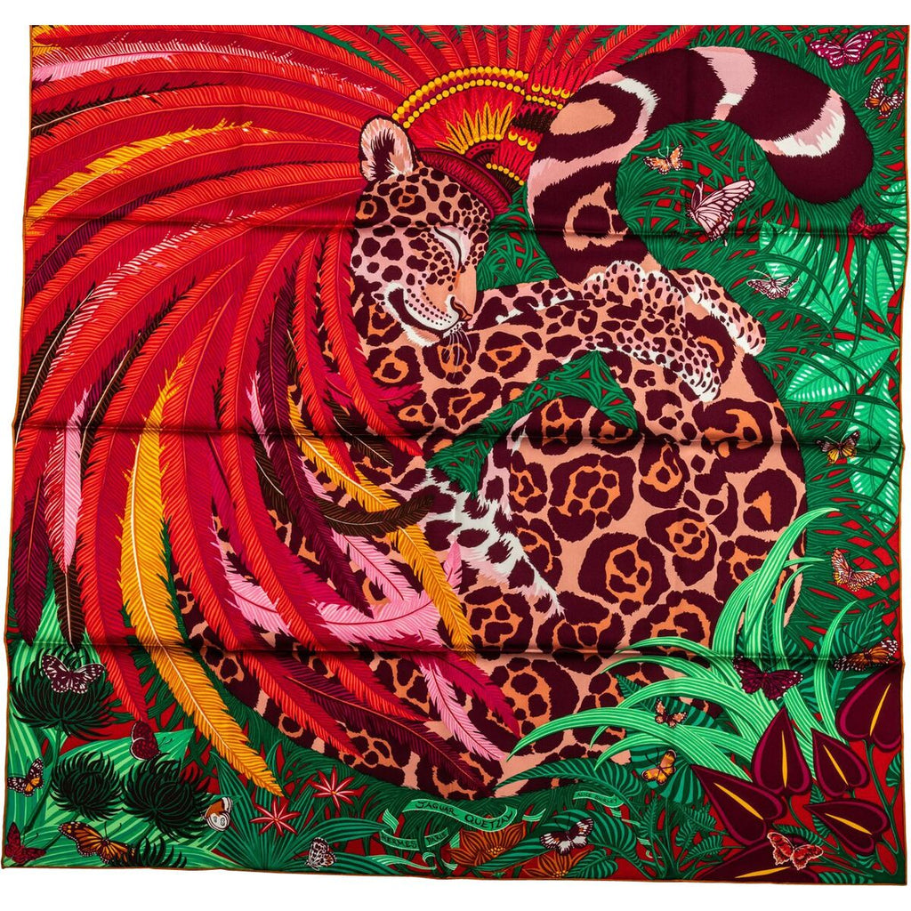 Hermes Scarf Jaguar Quetzal 90 cm Silk orange red Carre animal 35"