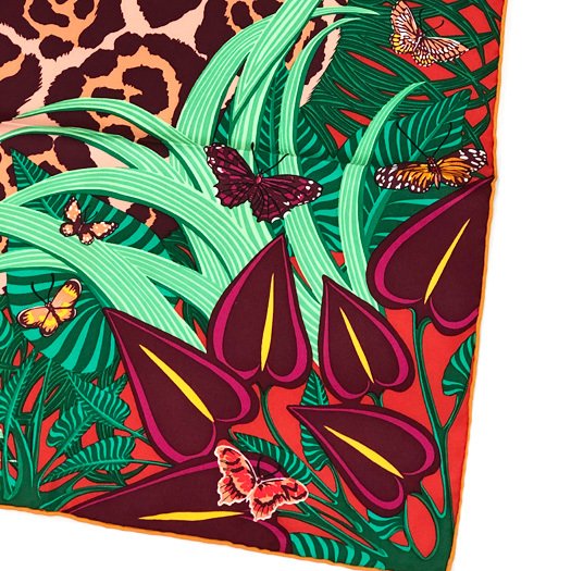 HERMES ジャガー 蝶　バタフライ　カレ90 JAGUAR QUETZAL Hermes Scarf Jaguar Quetzal 90 cm Silk orange red Carre animal 35