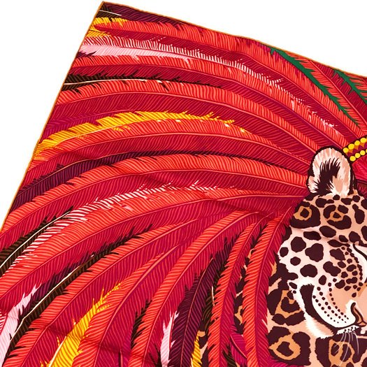 Hermes Scarf Jaguar Quetzal 90 cm Silk orange red Carre animal 35"