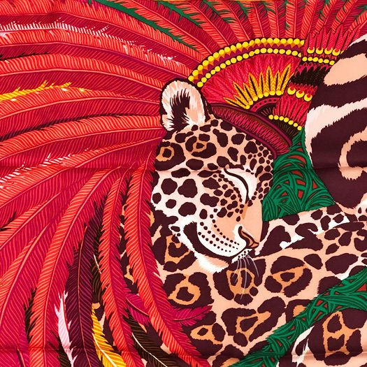 Hermes Scarf Jaguar Quetzal 90 cm Silk orange red Carre animal 35"