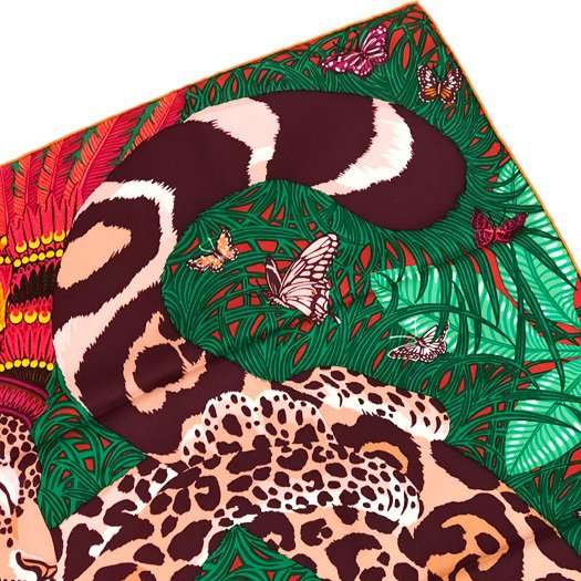 Hermes Scarf Jaguar Quetzal 90 cm Silk orange red Carre animal 35
