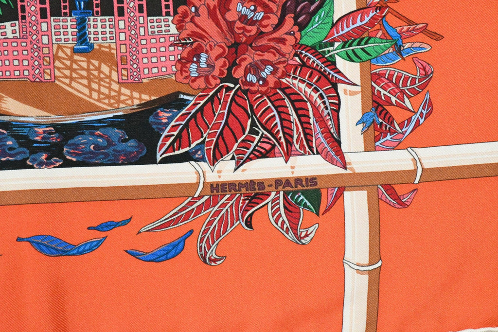 Hermes Scarf Jardin d'Hiver Silk 90 cm orange Carre winter garden 35"