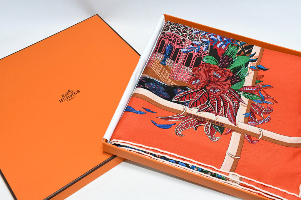 Hermes Scarf Jardin d'Hiver Silk 90 cm orange Carre winter garden 35"