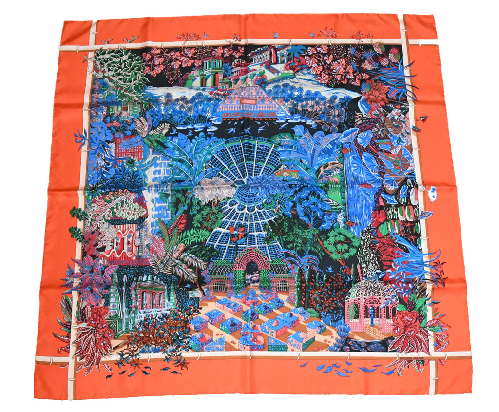 Hermes Scarf Jardin d'Hiver Silk 90 cm orange Carre winter garden 35"