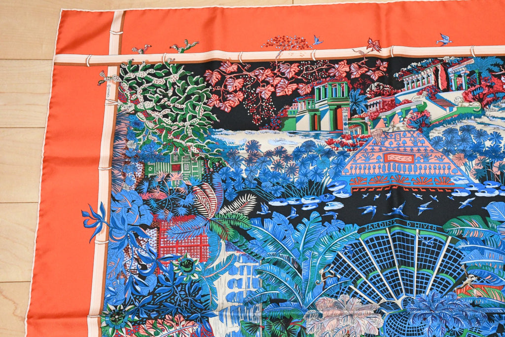 Hermes Scarf Jardin d'Hiver Silk 90 cm orange Carre winter garden 35"