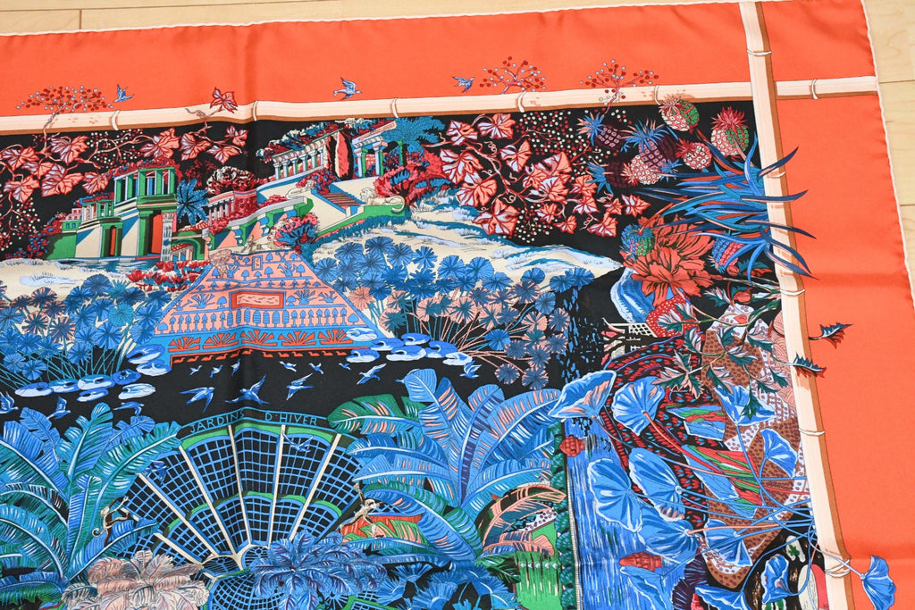 Hermes Scarf Jardin d'Hiver Silk 90 cm orange Carre winter garden 35"