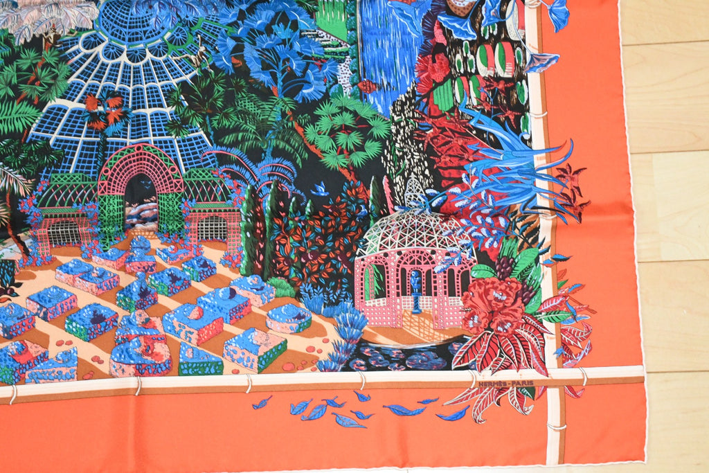 Hermes Scarf Jardin d'Hiver Silk 90 cm orange Carre winter garden 35"