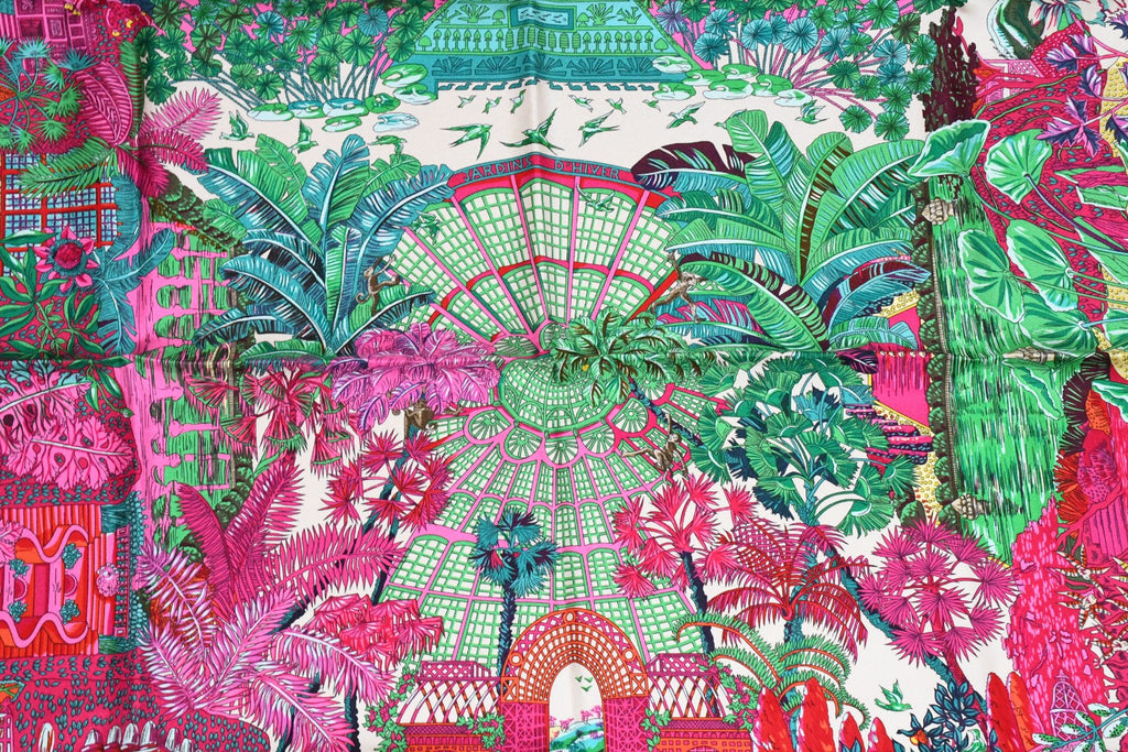 Hermes Scarf Jardin d'Hiver Silk 90 cm pink Carre winter garden 35"