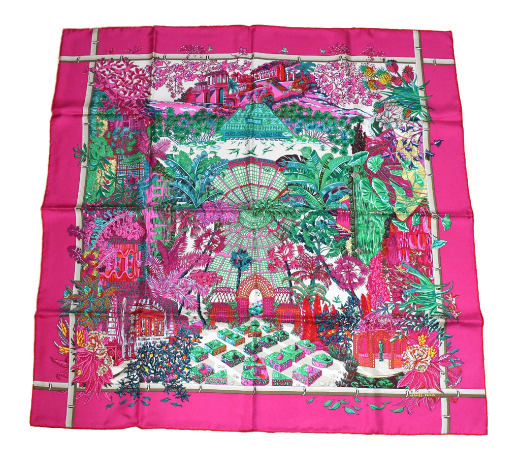 Hermes Scarf Jardin d'Hiver Silk 90 cm pink Carre winter garden 35"