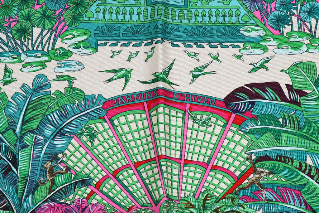 Hermes Scarf Jardin d'Hiver Silk 90 cm pink Carre winter garden 35"