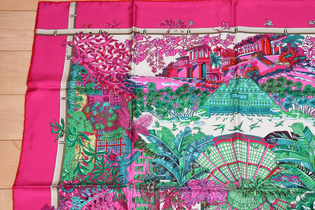 Hermes Scarf Jardin d'Hiver Silk 90 cm pink Carre winter garden 35"