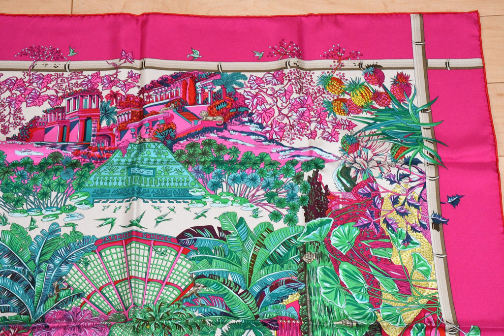 Hermes Scarf Jardin d'Hiver Silk 90 cm pink Carre winter garden 35"