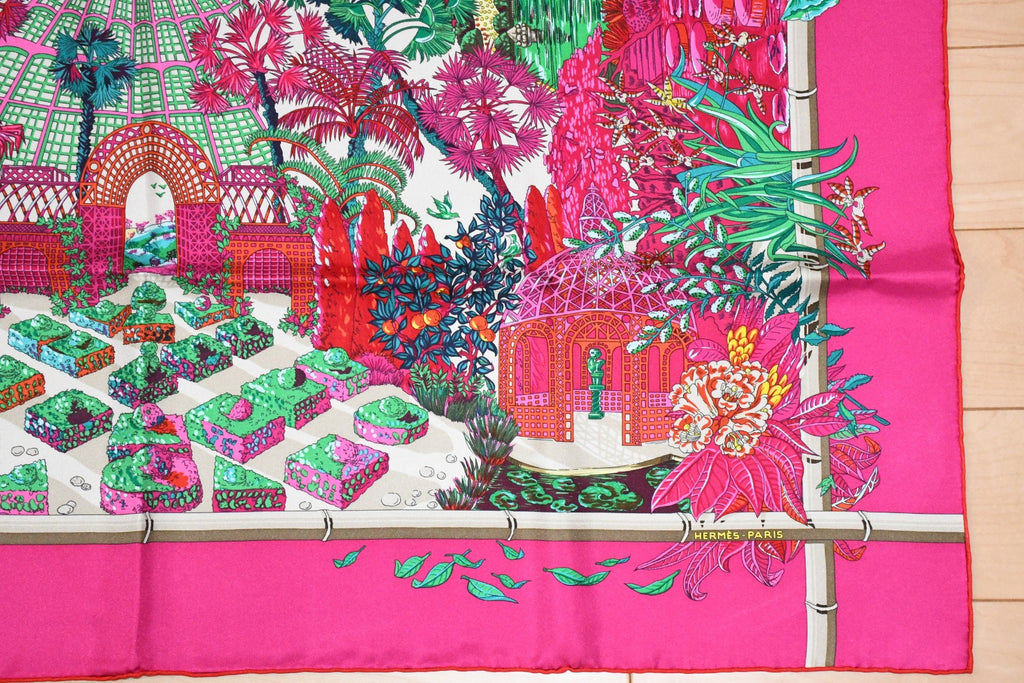 Hermes Scarf Jardin d'Hiver Silk 90 cm pink Carre winter garden 35"