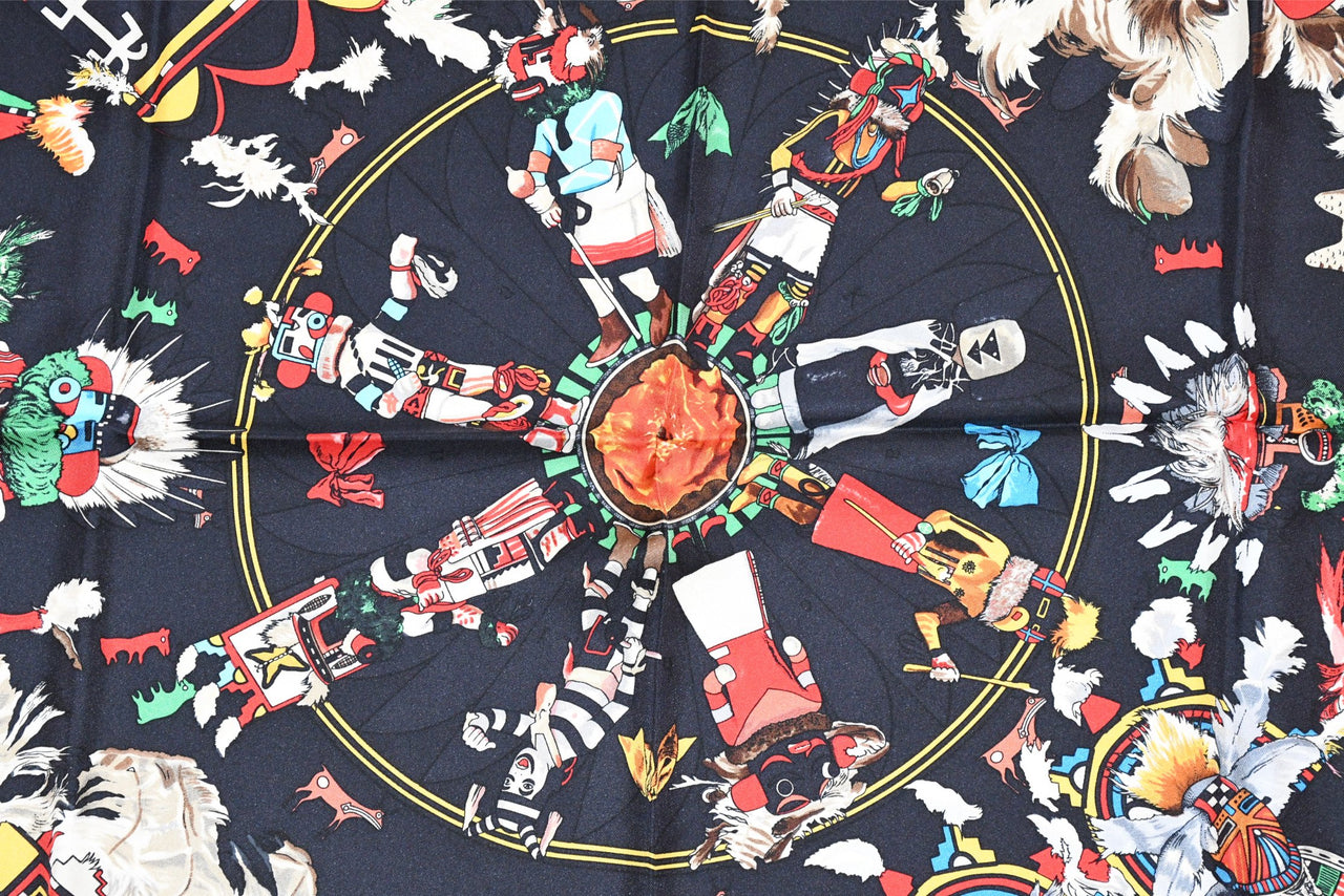 Hermes Scarf Kachina by Kermit Oliver 90 cm silk black red Carre 35" 004