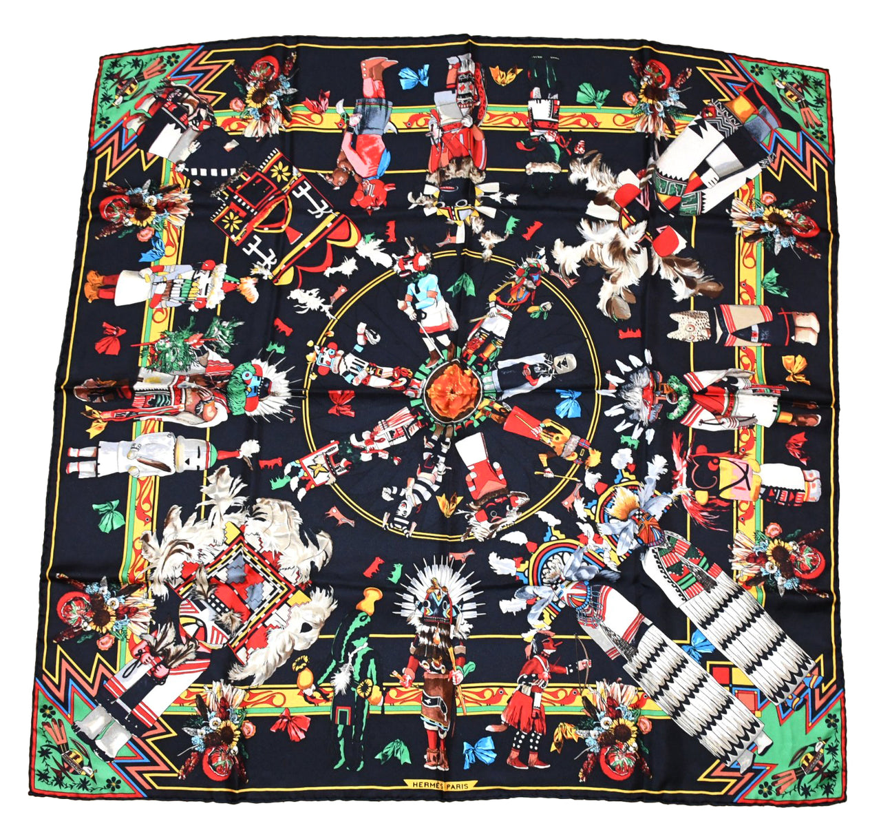 Hermes Scarf Kachina by Kermit Oliver 90 cm silk black red Carre 35" 004