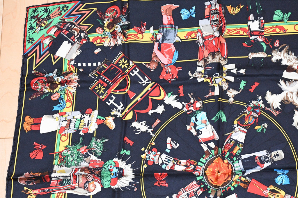 Hermes Scarf Kachina by Kermit Oliver 90 cm silk black red Carre 35" 004