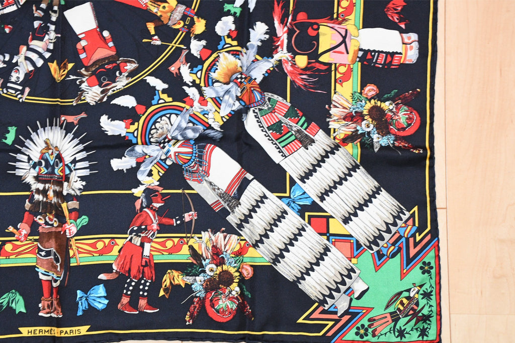 Hermes Scarf Kachina by Kermit Oliver 90 cm silk black red Carre 35" 004