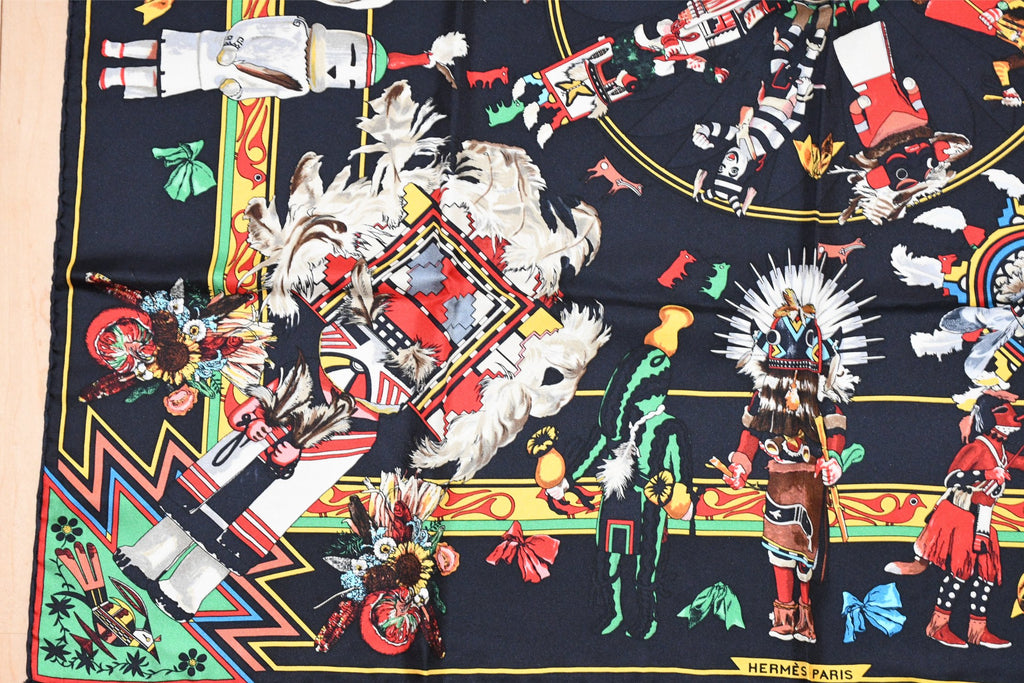 Hermes Scarf Kachina by Kermit Oliver 90 cm silk black red Carre 35" 004
