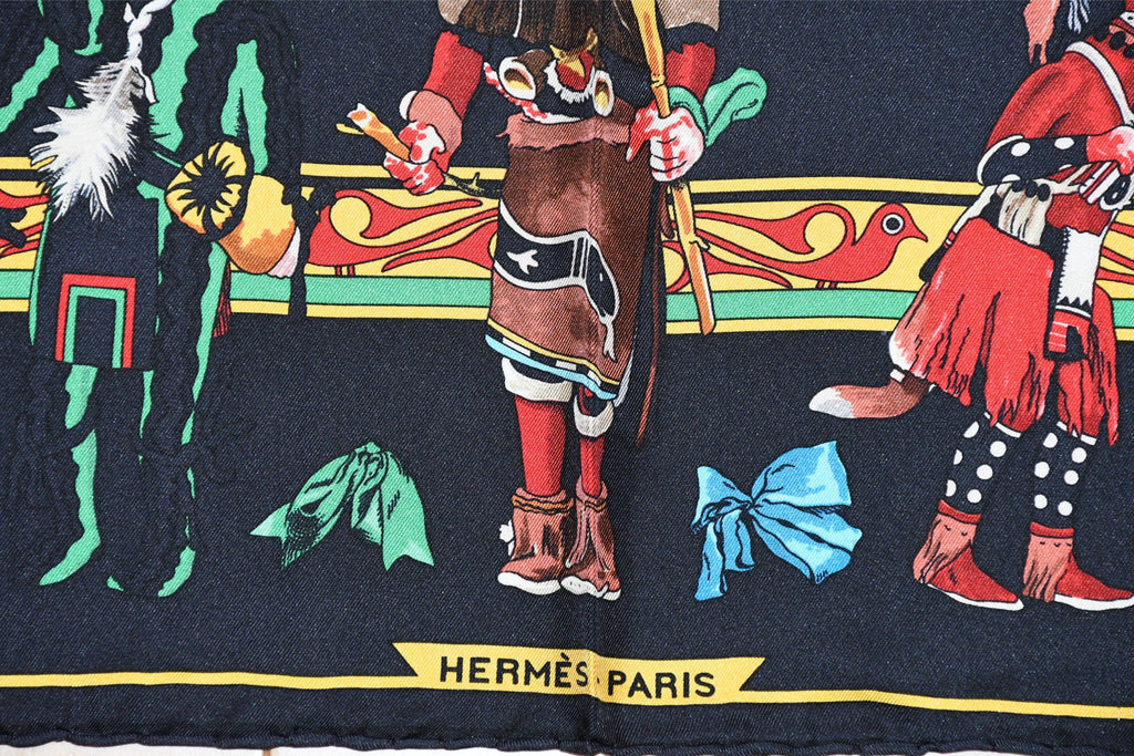 Hermes Scarf Kachina by Kermit Oliver 90 cm silk black red Carre 35" 004