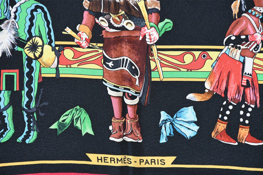 Hermes Scarf Kachina by Kermit Oliver 90 cm silk black red Carre 35" 0102