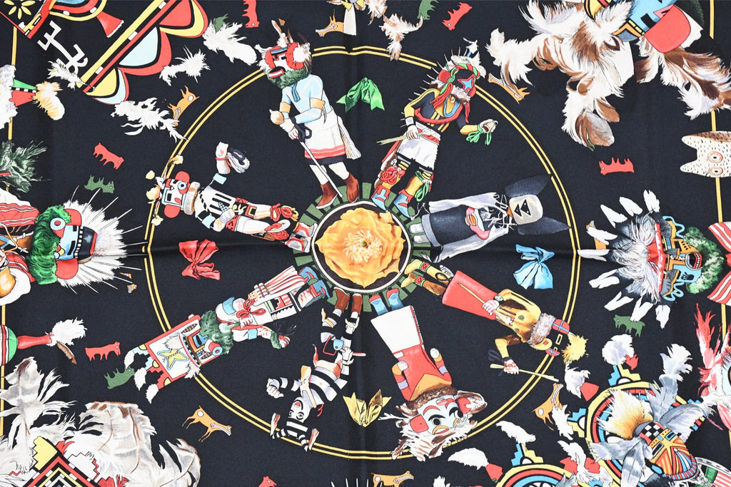 Hermes Scarf Kachina by Kermit Oliver 90 cm silk black red Carre 35" 0102