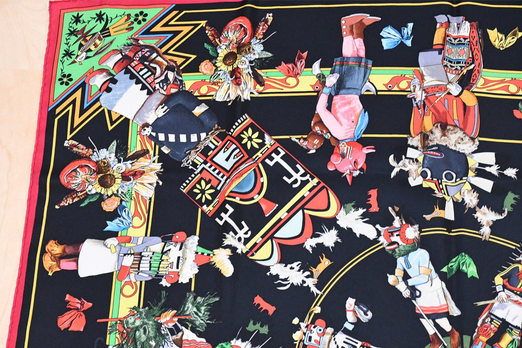 Hermes Scarf Kachina by Kermit Oliver 90 cm silk black red Carre 35" 0102