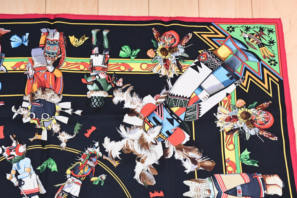 Hermes Scarf Kachina by Kermit Oliver 90 cm silk black red Carre 35" 0102
