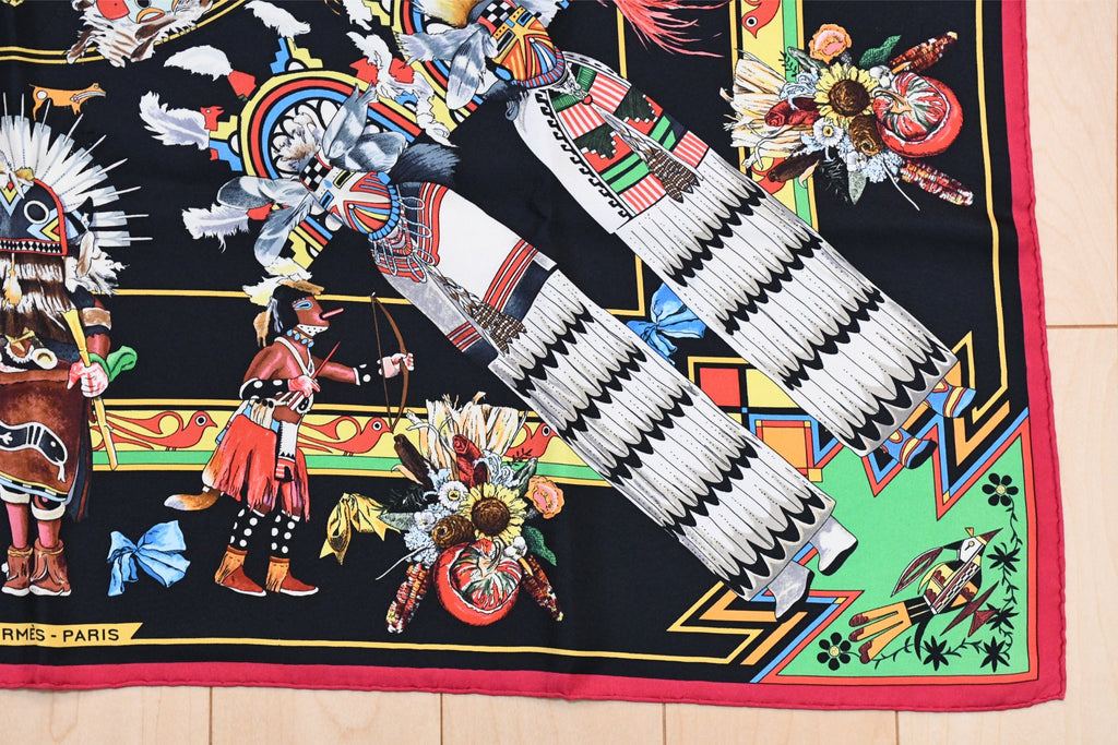 Hermes Scarf Kachina by Kermit Oliver 90 cm silk black red Carre 35" 0102