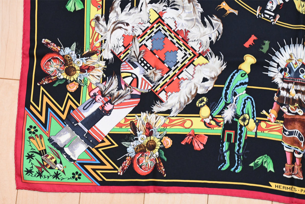 Hermes Scarf Kachina by Kermit Oliver 90 cm silk black red Carre 35" 0102