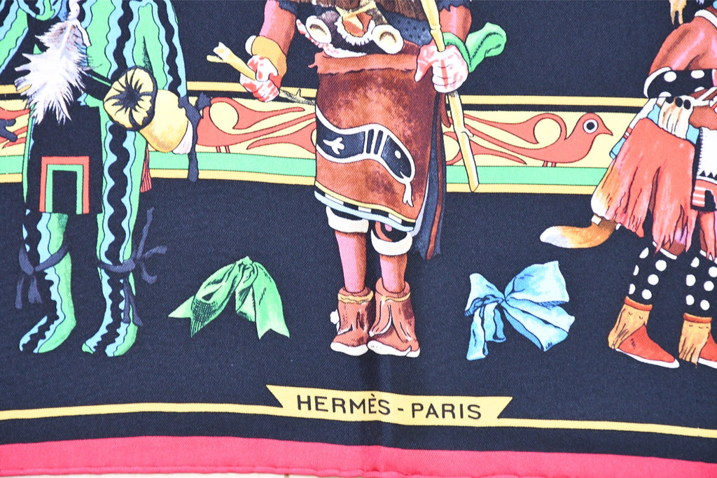 Hermes Scarf Kachina by Kermit Oliver 90 cm silk black red Carre 35" 0102