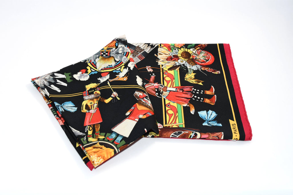 Hermes Scarf Kachina by Kermit Oliver 90 cm silk black red Carre 35" 0102