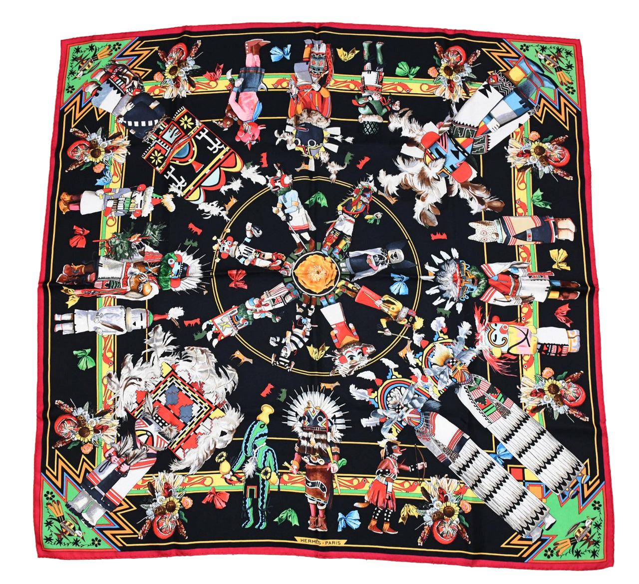 Hermes Scarf Kachina by Kermit Oliver 90 cm silk black red Carre 35" 0102
