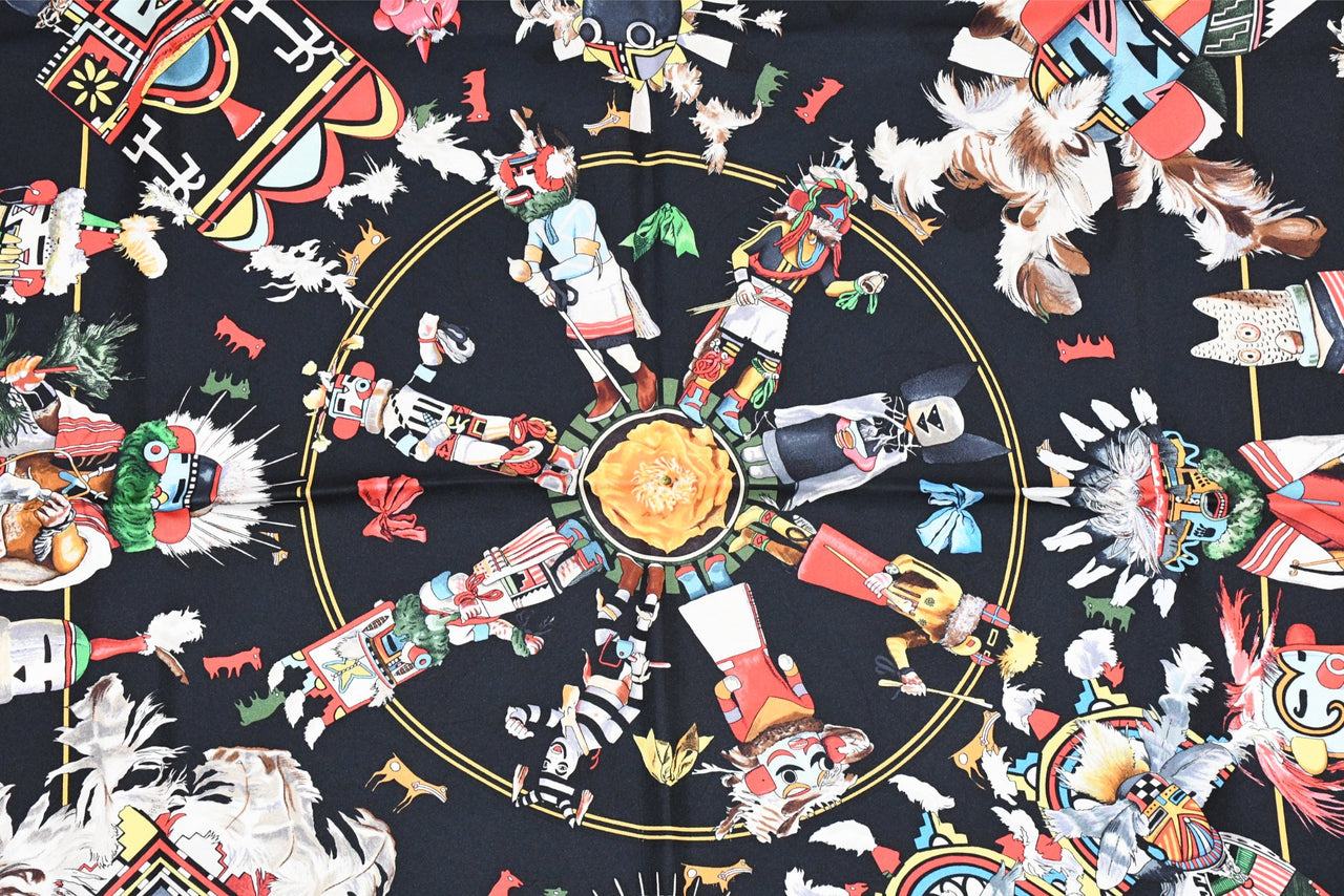 Hermes Scarf Kachina by Kermit Oliver 90 cm silk black red Carre 35" 0102