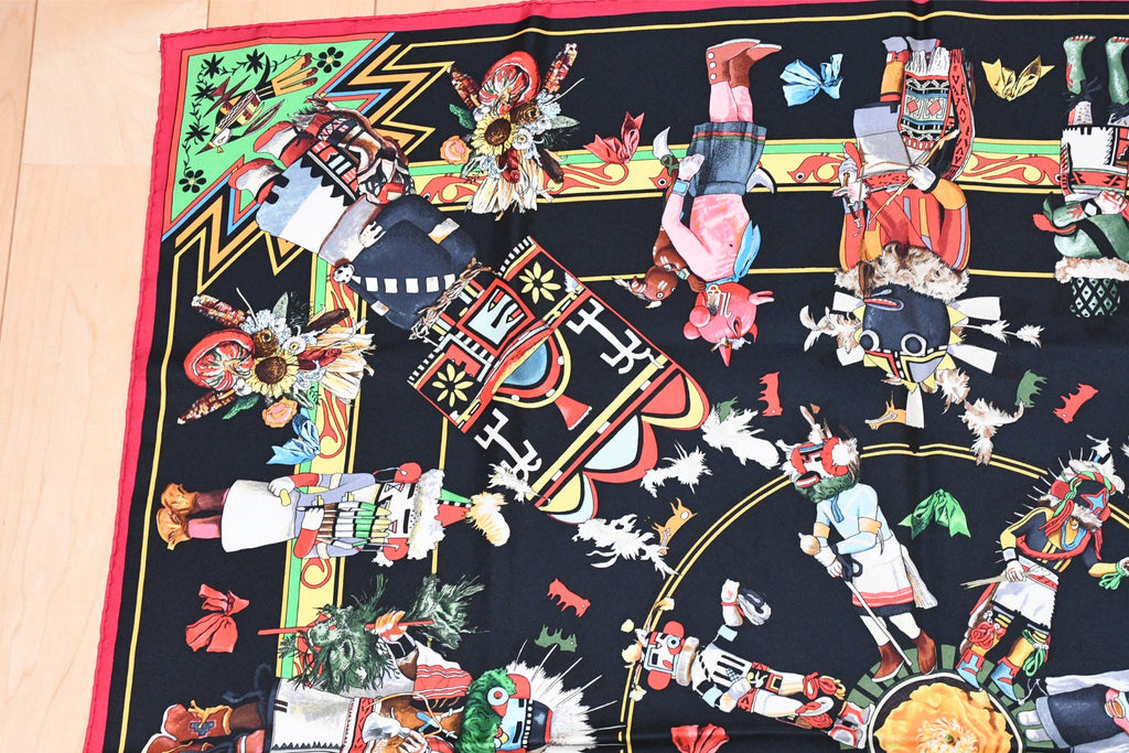 Hermes Scarf Kachina by Kermit Oliver 90 cm silk black red Carre 35" 0102