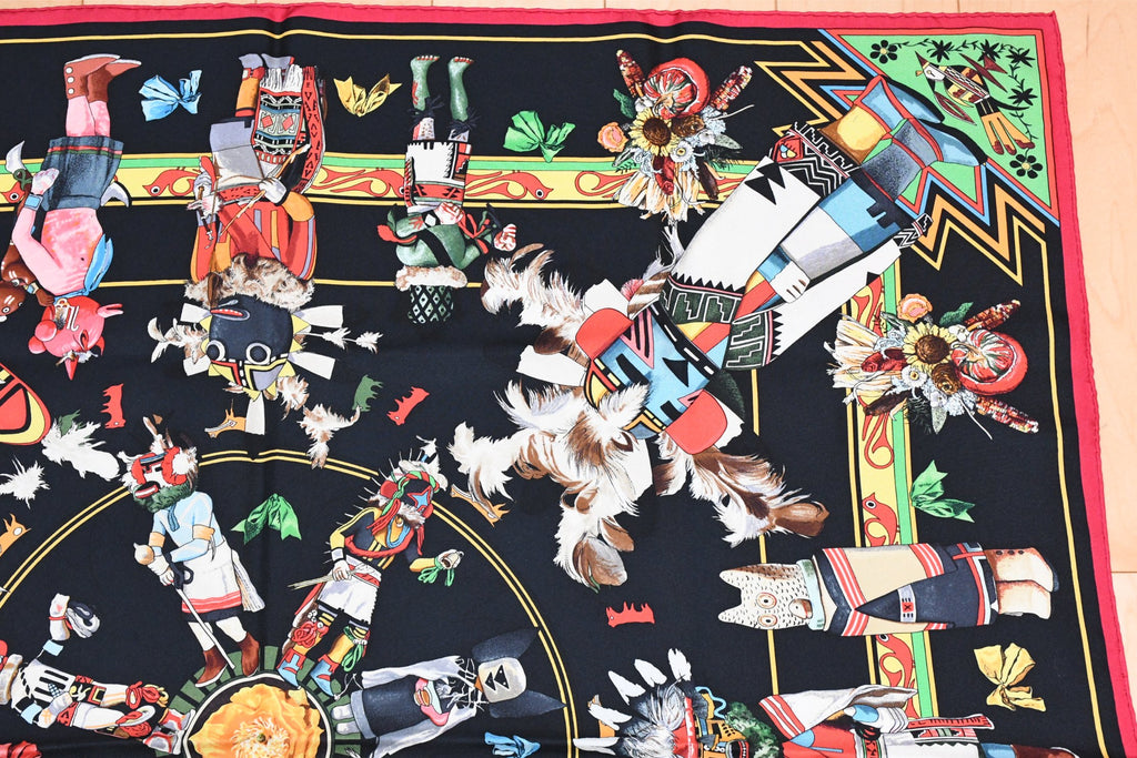 Hermes Scarf Kachina by Kermit Oliver 90 cm silk black red Carre 35" 0102