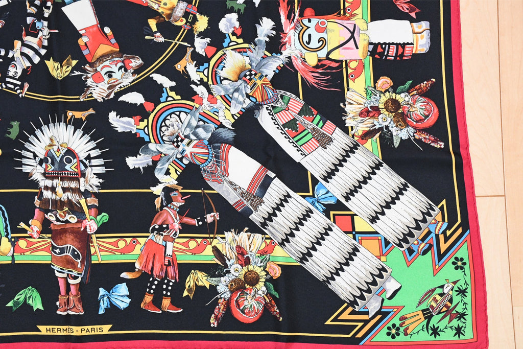 Hermes Scarf Kachina by Kermit Oliver 90 cm silk black red Carre 35" 0102
