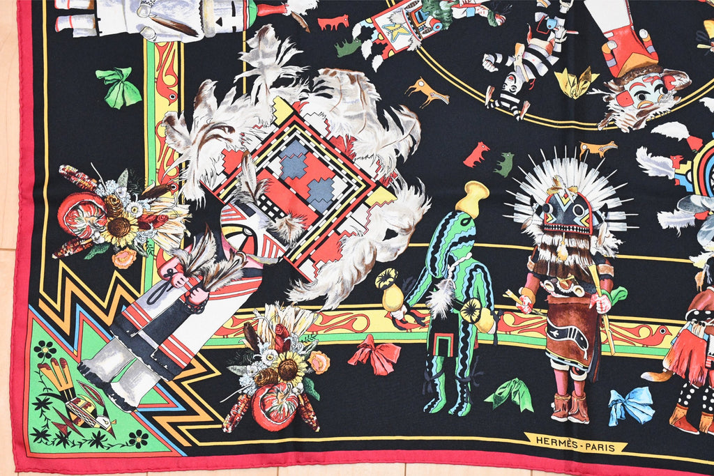 Hermes Scarf Kachina by Kermit Oliver 90 cm silk black red Carre 35" 0102