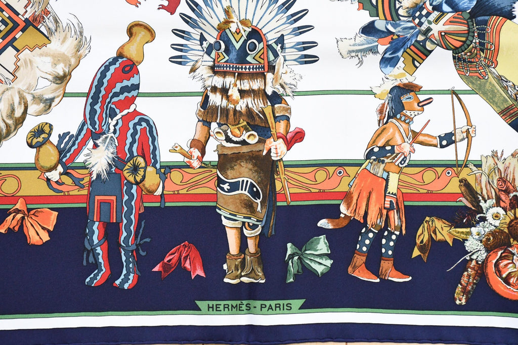 Hermes Scarf Kachina by Kermit Oliver 90 cm silk blue white Carre 35" A053