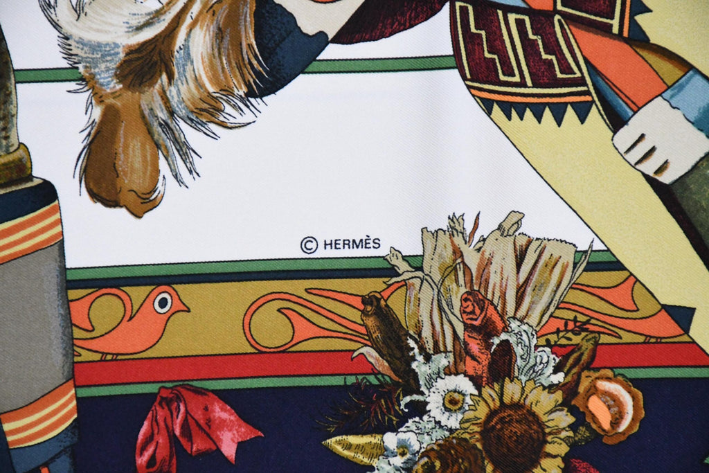 Hermes Scarf Kachina by Kermit Oliver 90 cm silk blue white Carre 35" A053