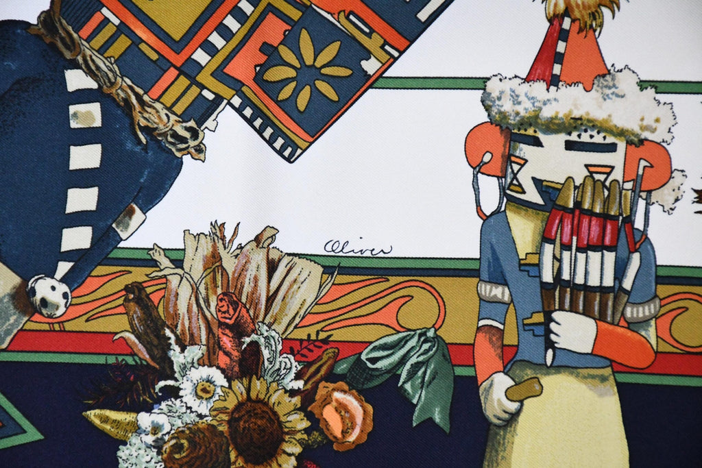 Hermes Scarf Kachina by Kermit Oliver 90 cm silk blue white Carre 35" A053