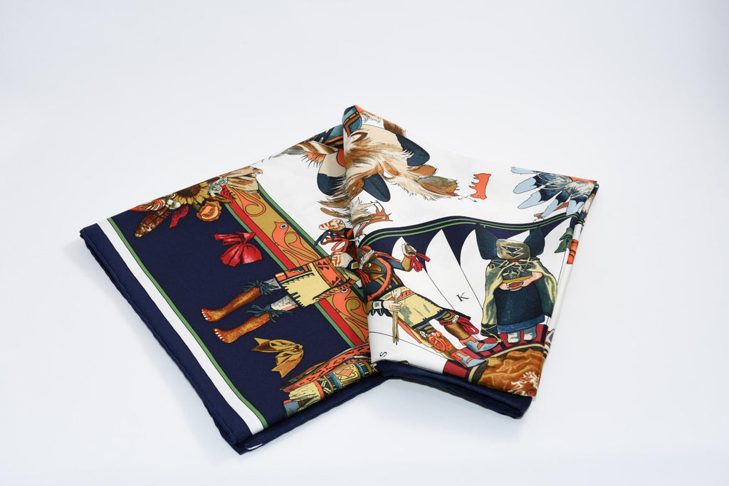 Hermes Scarf Kachina by Kermit Oliver 90 cm silk blue white Carre 35" A053