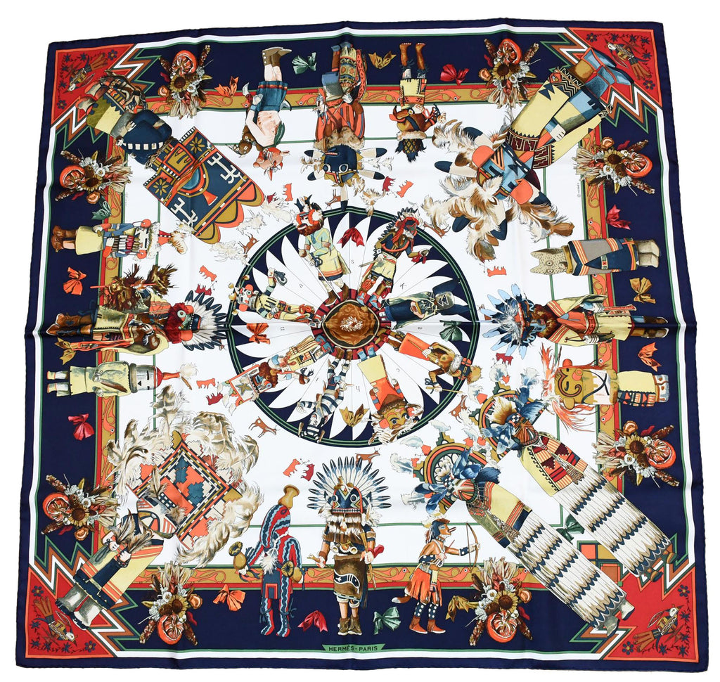 Hermes Scarf Kachina by Kermit Oliver 90 cm silk blue white Carre 35" A053