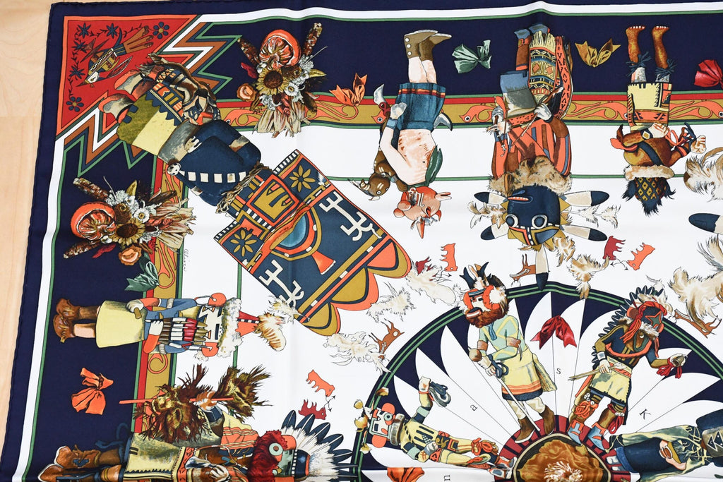 Hermes Scarf Kachina by Kermit Oliver 90 cm silk blue white Carre 35" A053