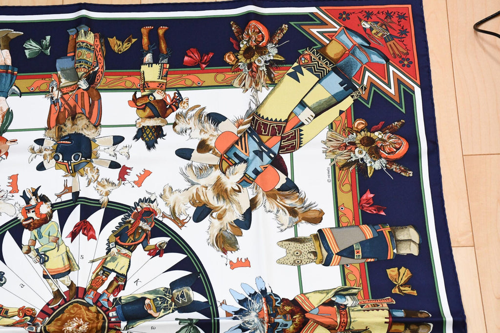 Hermes Scarf Kachina by Kermit Oliver 90 cm silk blue white Carre 35" A053